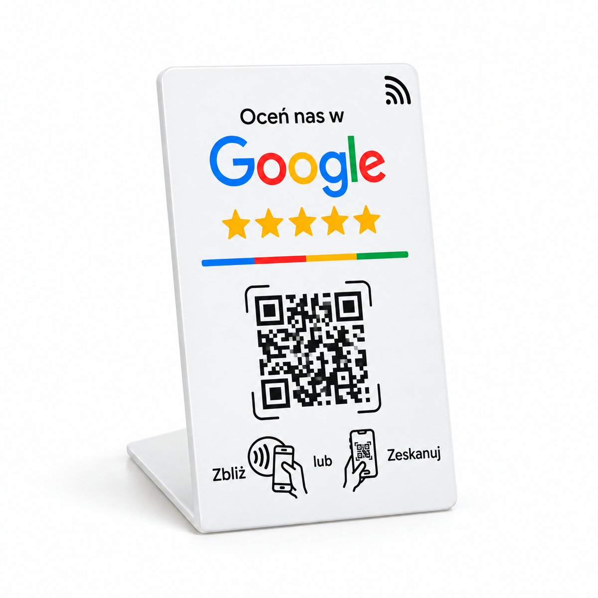 Expositor NFC Google pequeño blanco completo con texto impreso en polaco