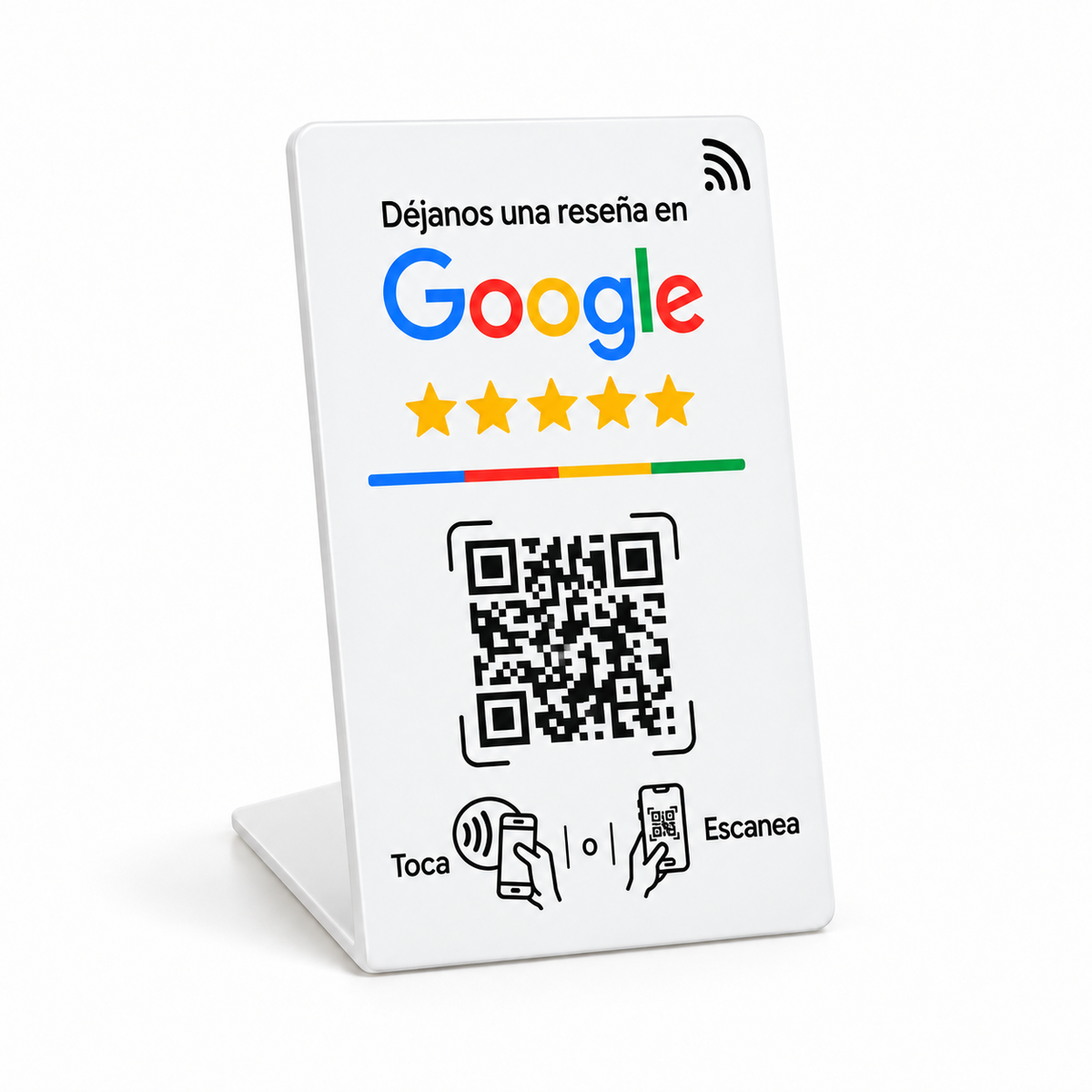 Expositor NFC Google pequeño blanco con QR e instrucciones impresas en español