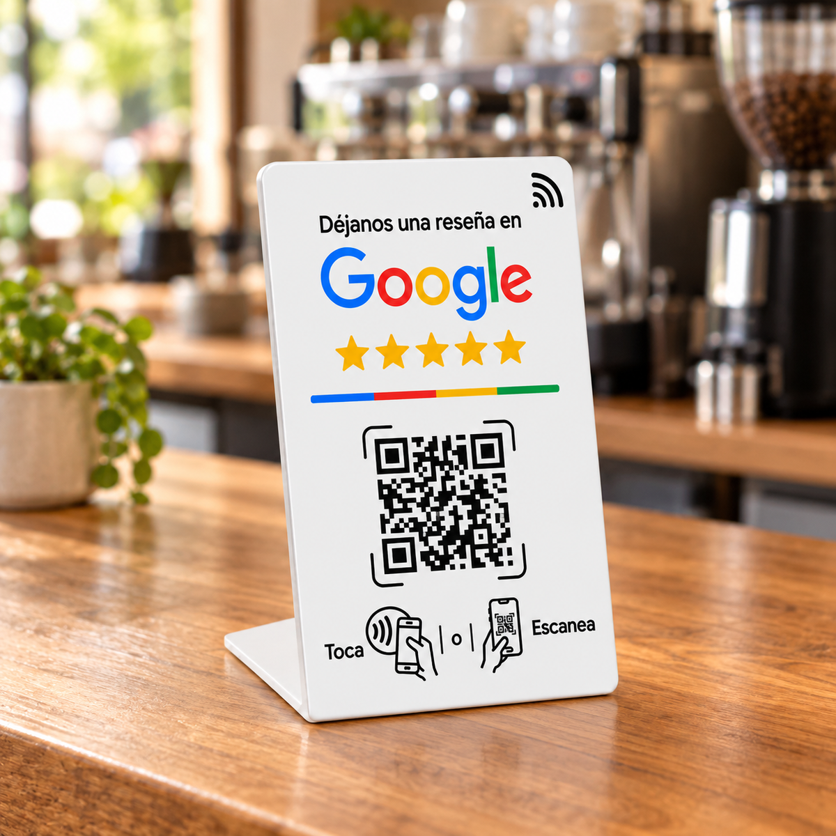 Expositor NFC Google pequeño clásico completo sobre un mostrador