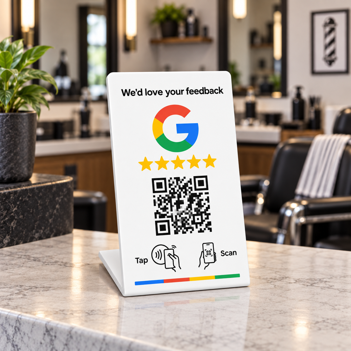 Expositor NFC Google pequeño Diseño G completo sobre un mostrador