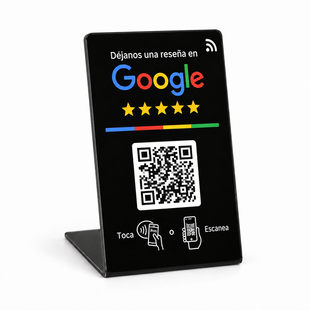 Expositor NFC Google pequeño negro completo con texto impreso en español