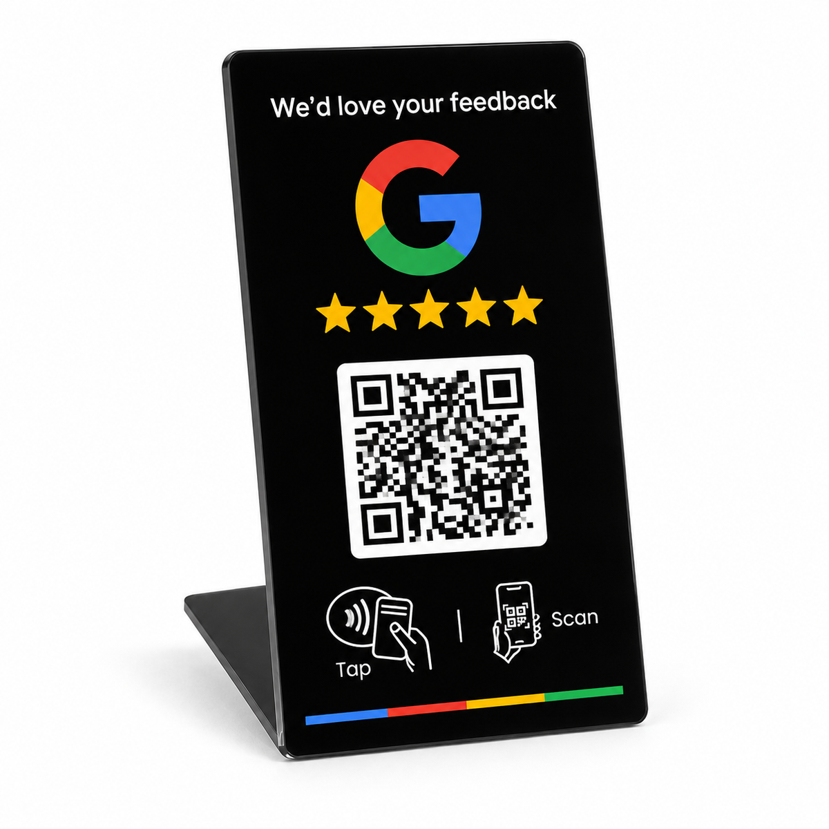 Expositor pequeño negro NFC y QR para reseñas de Google en inglés, diseño 2