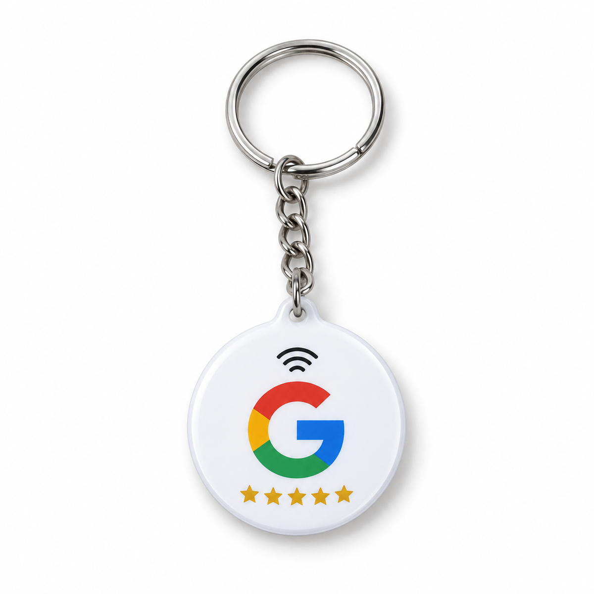 Llavero NFC Google blanco, vista frontal con anilla y cadena