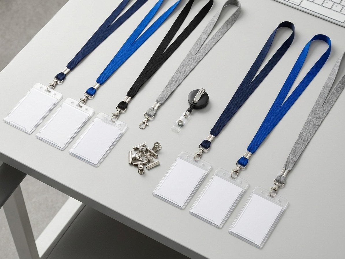 Lanyards de colores con portatarjetas transparentes, enrollador y pinzas sobre una mesa