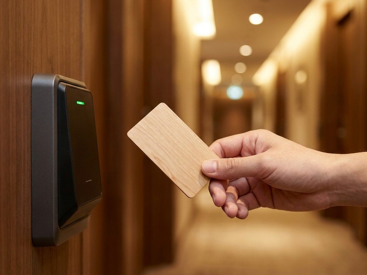 Tarjeta llave de madera acercándose a la cerradura sin contacto de una habitación de hotel