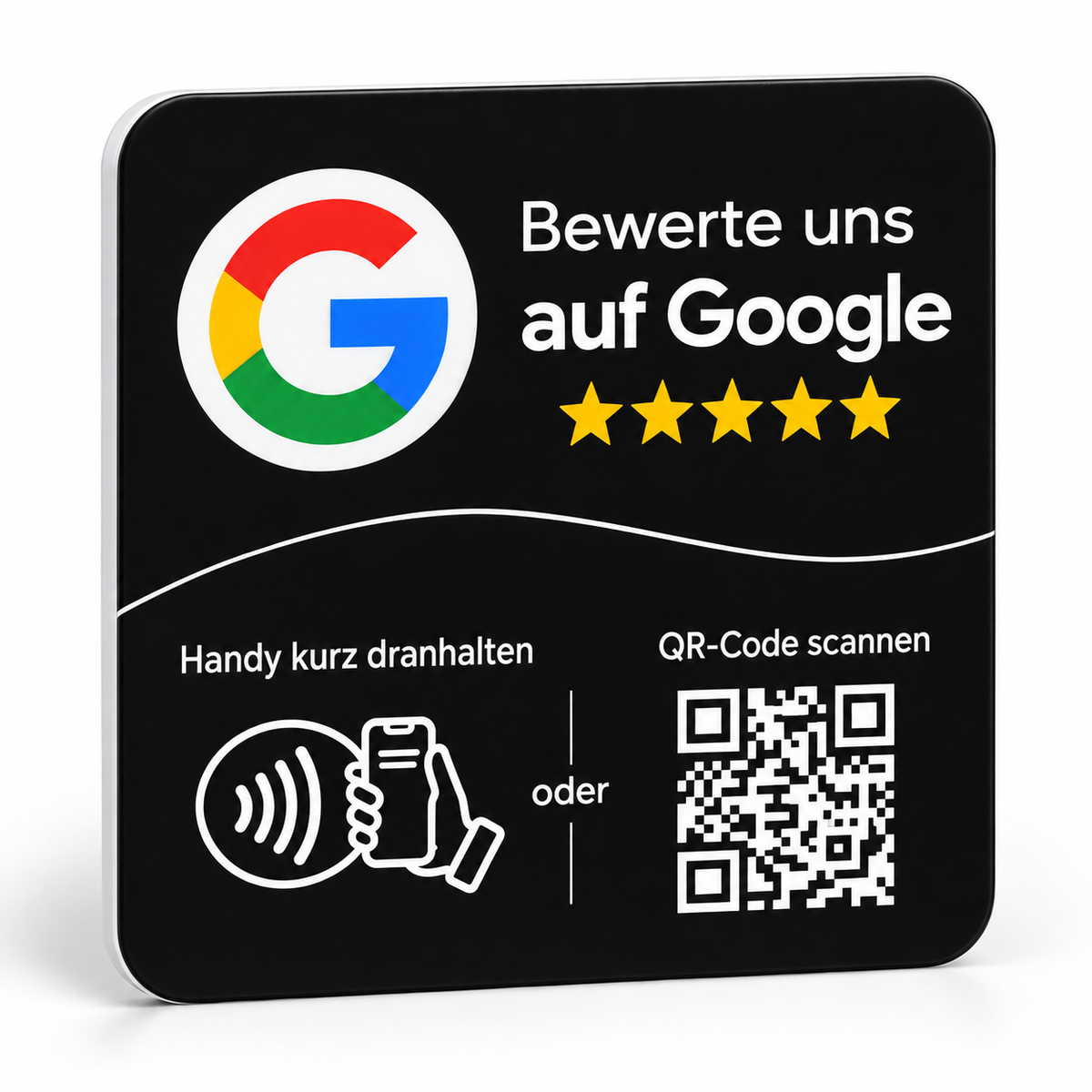 Placa cuadrada NFC y QR para reseñas de Google negra con texto en alemán