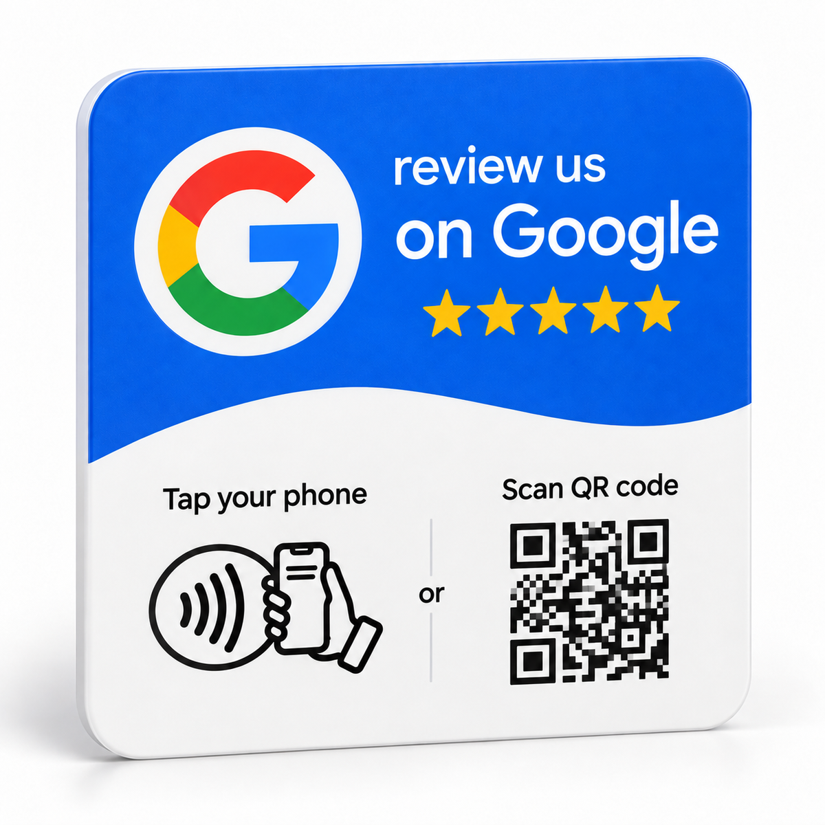 Placa cuadrada NFC y QR para reseñas de Google azul y blanca con texto en inglés