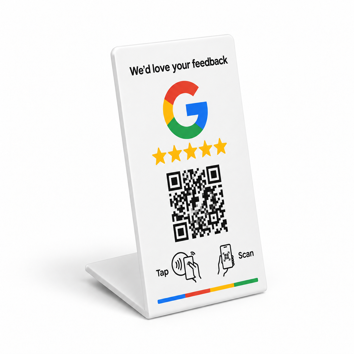 Vista lateral completa del expositor NFC Google pequeño blanco Diseño G, con su base