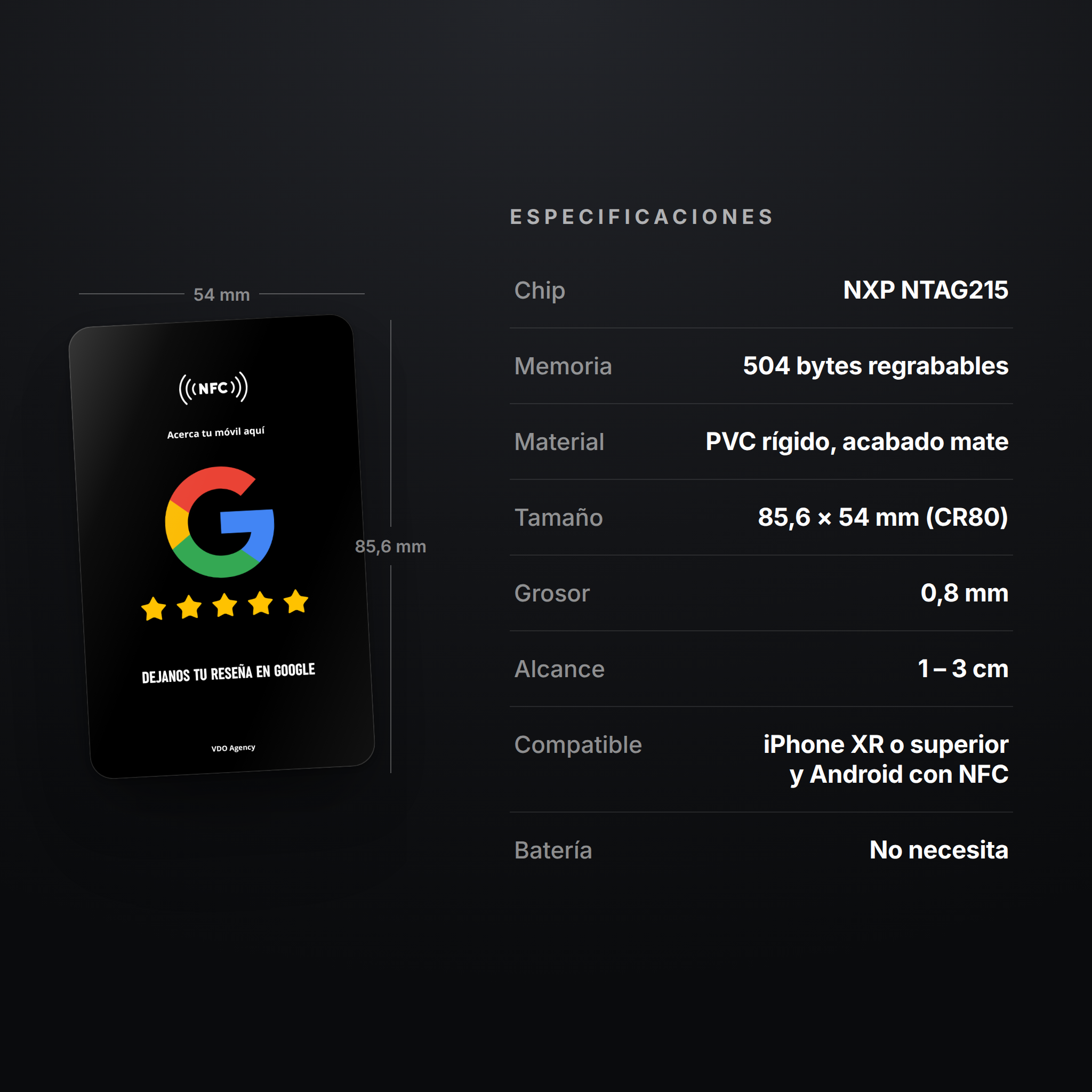 Tarjeta NFC para Reseñas de Google — Programada con tu enlace | Sin app · Regrabable