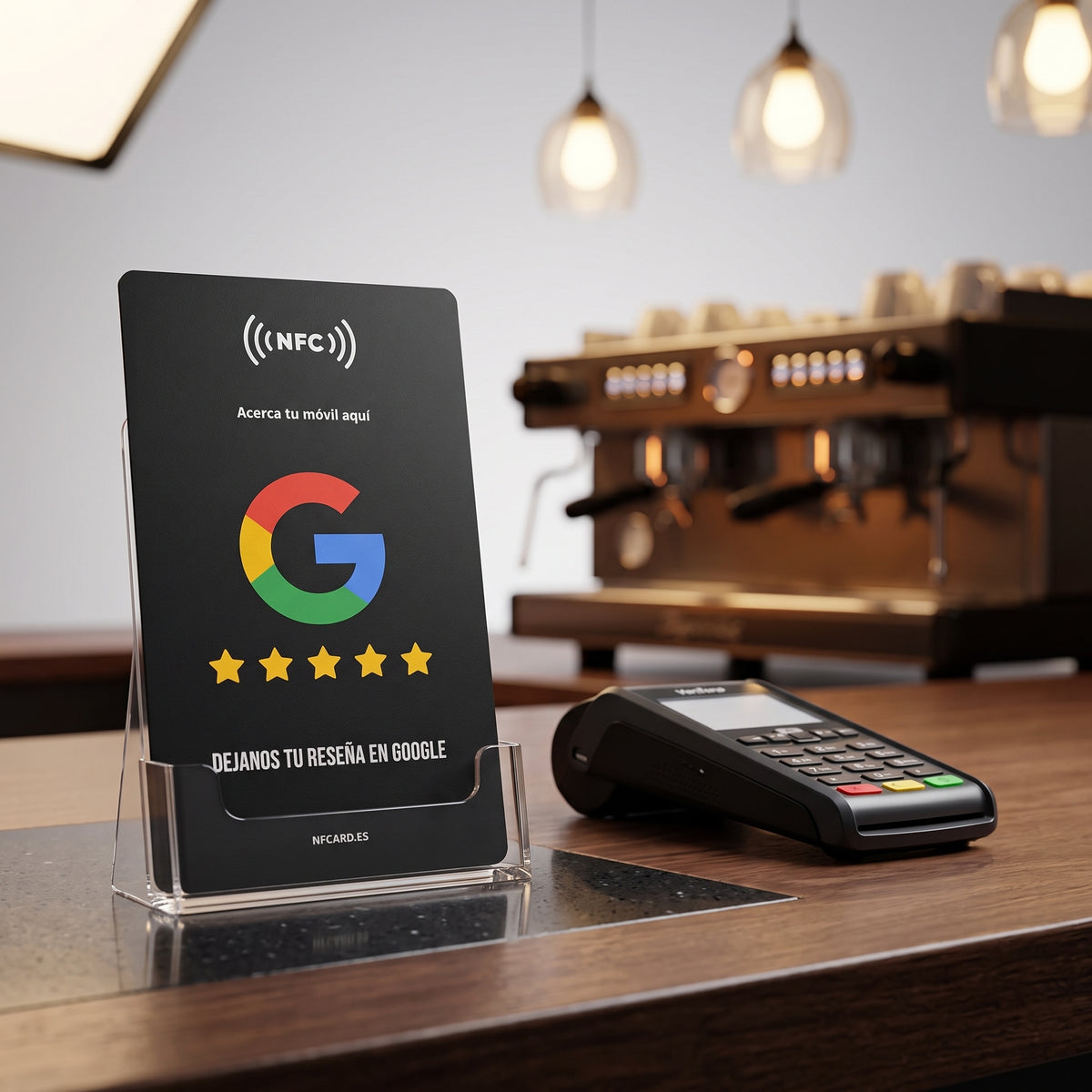Tarjeta NFC de reseñas en su soporte, colocada sobre la barra de un negocio