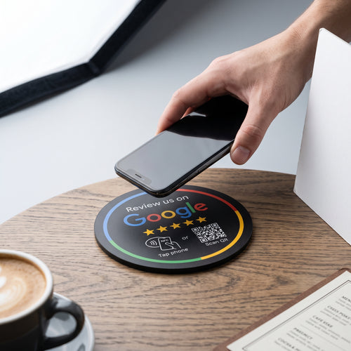 Pegatina NFC para Reseñas de Google 10 cm — «Review us on Google» (texto en inglés)