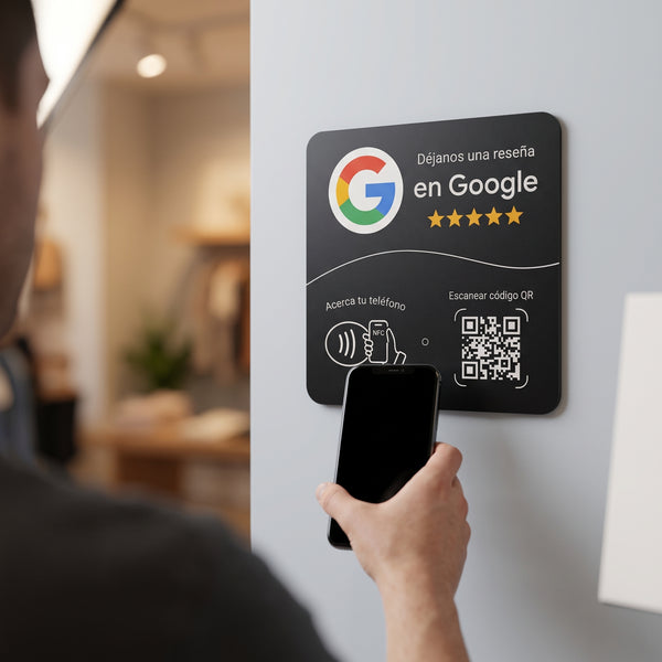 Placa NFC para Reseñas de Google — Para el mostrador | NFC + QR · Regrabable