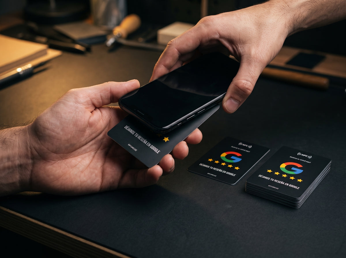 Comprobando con un móvil que la tarjeta NFC abre el formulario de reseñas de Google