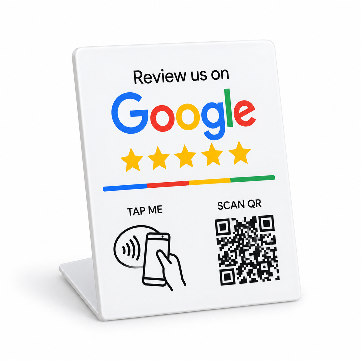 Expositor grande blanco NFC y QR para reseñas de Google con texto en inglés, diseño 1
