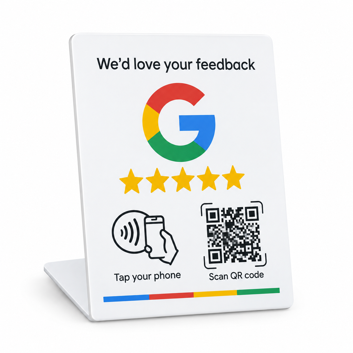 Expositor grande blanco NFC y QR para reseñas de Google en inglés, diseño 2