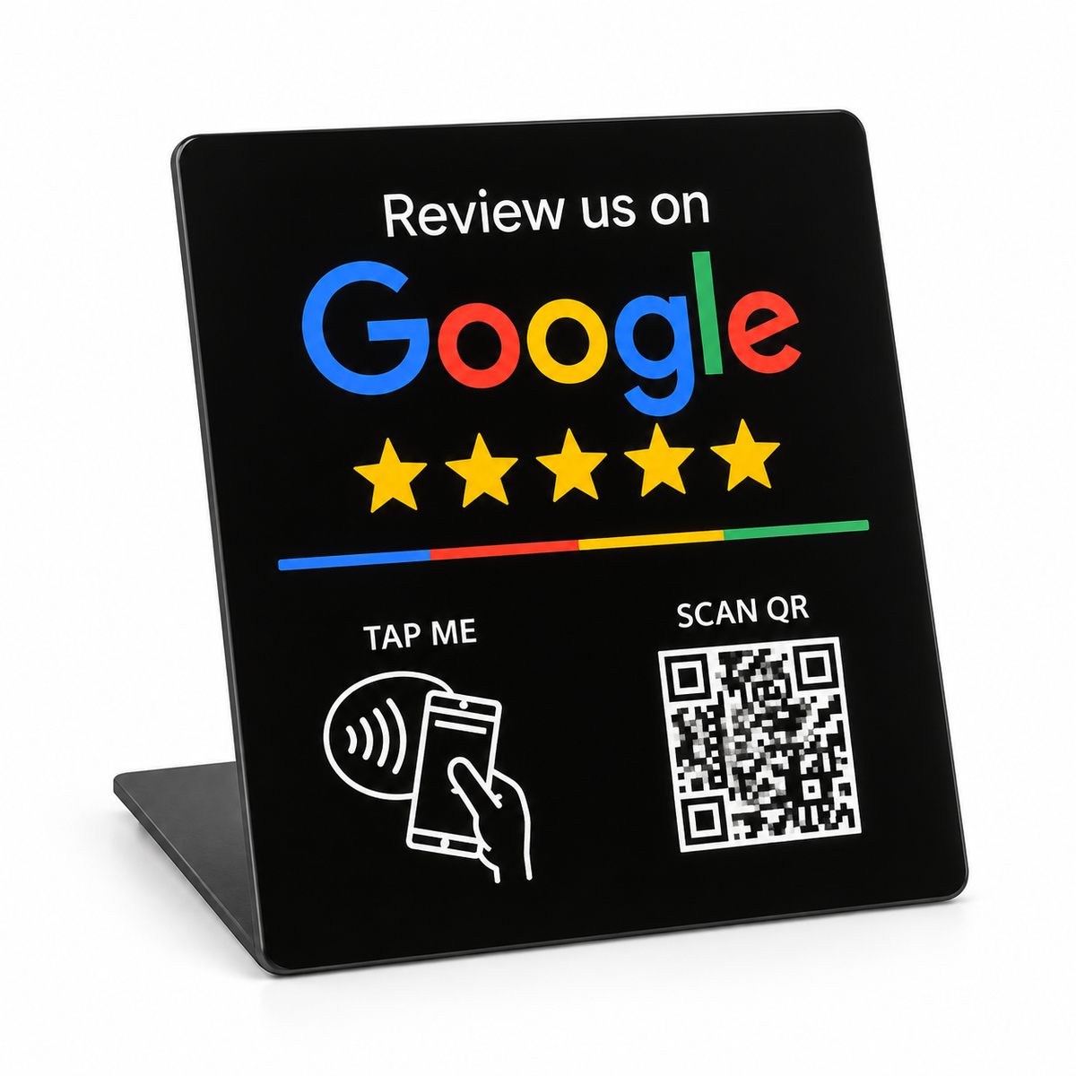 Expositor grande negro NFC y QR para reseñas de Google con texto en inglés, diseño 1