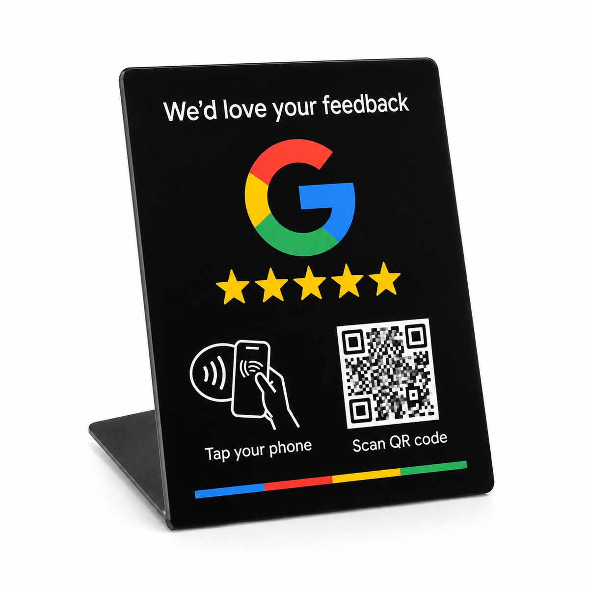 Expositor grande negro NFC y QR para reseñas de Google en inglés, diseño 2