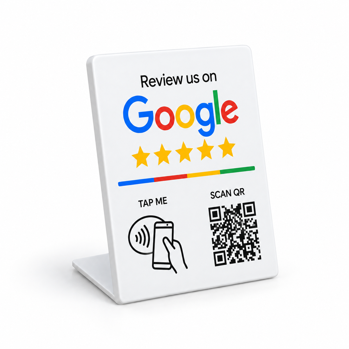 Expositor NFC Google grande blanco completo, vista lateral de su frontal y soporte