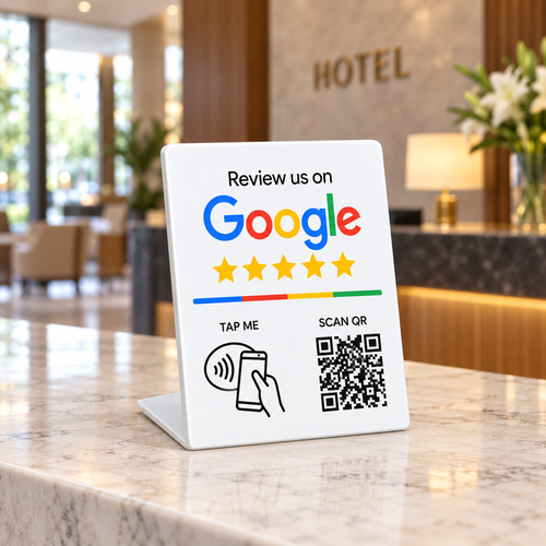 Expositor NFC Google grande clásico completo sobre un mostrador