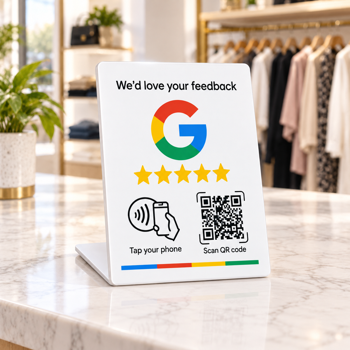 Expositor NFC Google grande Diseño G completo sobre un mostrador