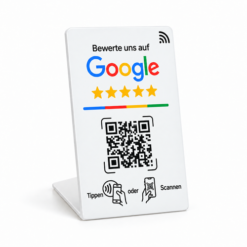 Expositor NFC Google pequeño blanco completo con texto impreso en alemán