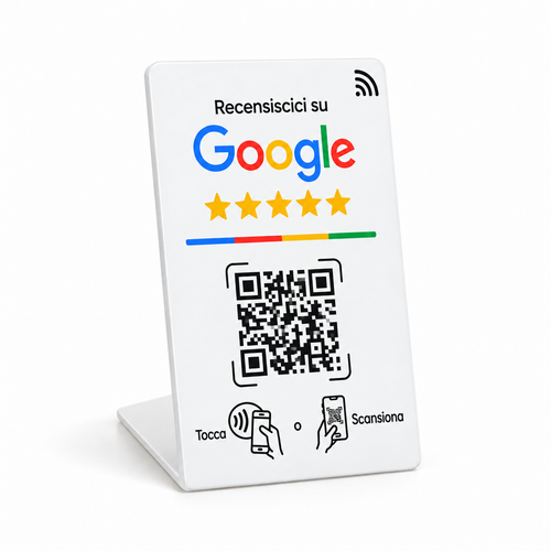 Expositor NFC Google pequeño blanco completo con texto impreso en italiano