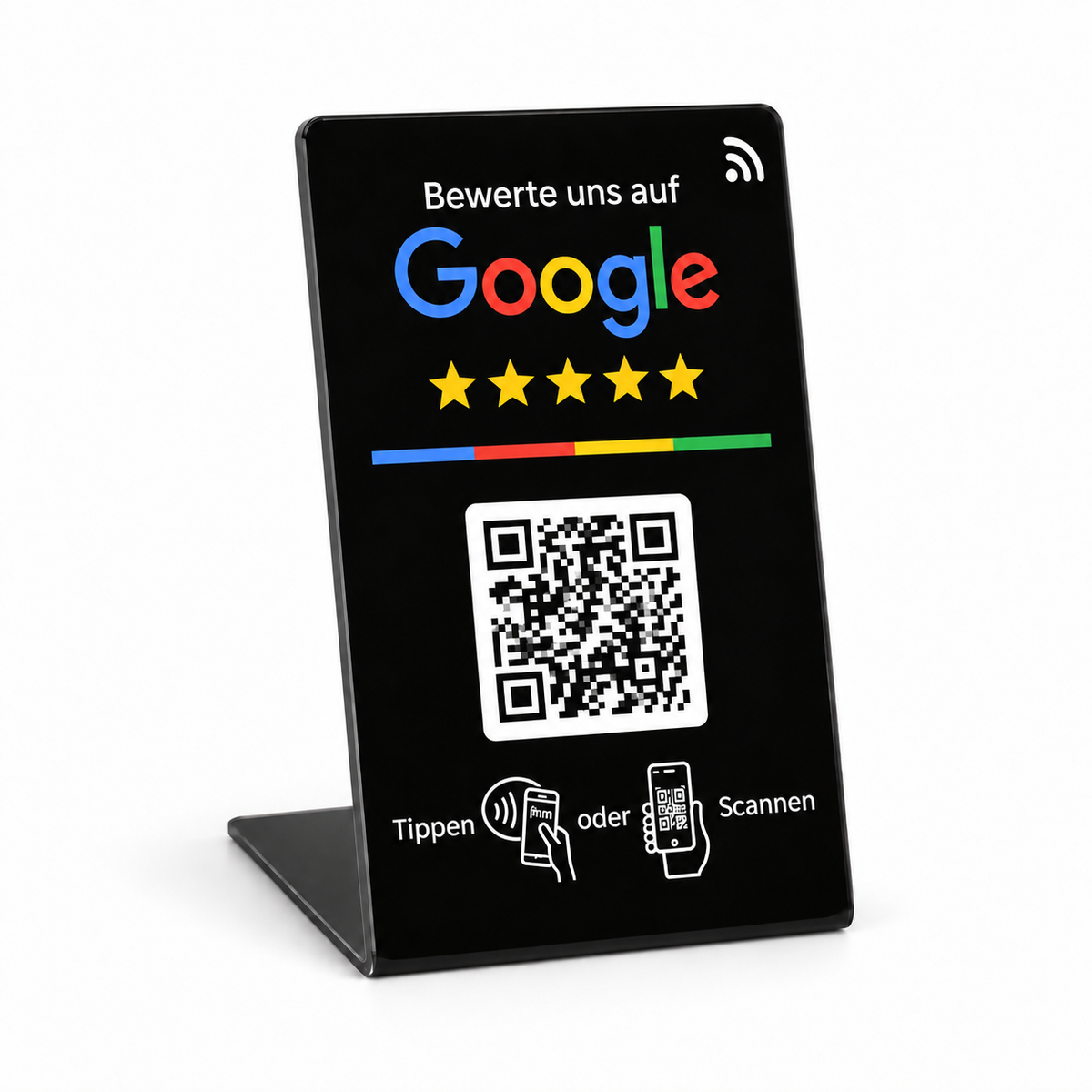 Expositor NFC Google pequeño negro completo con texto impreso en alemán