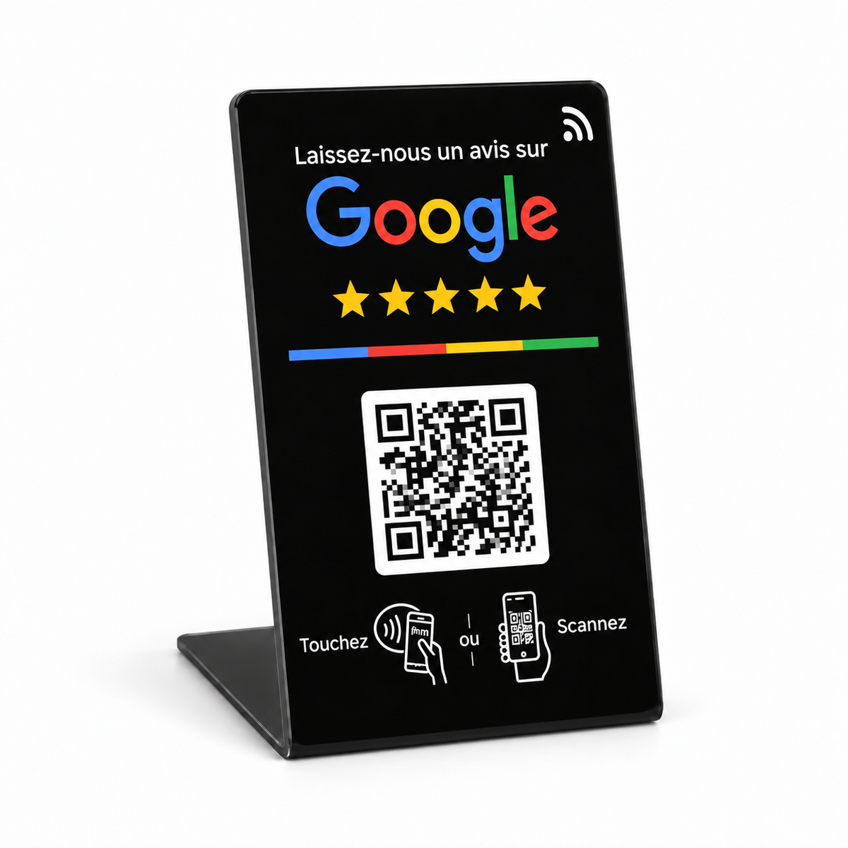 Expositor NFC Google pequeño negro completo con texto impreso en francés