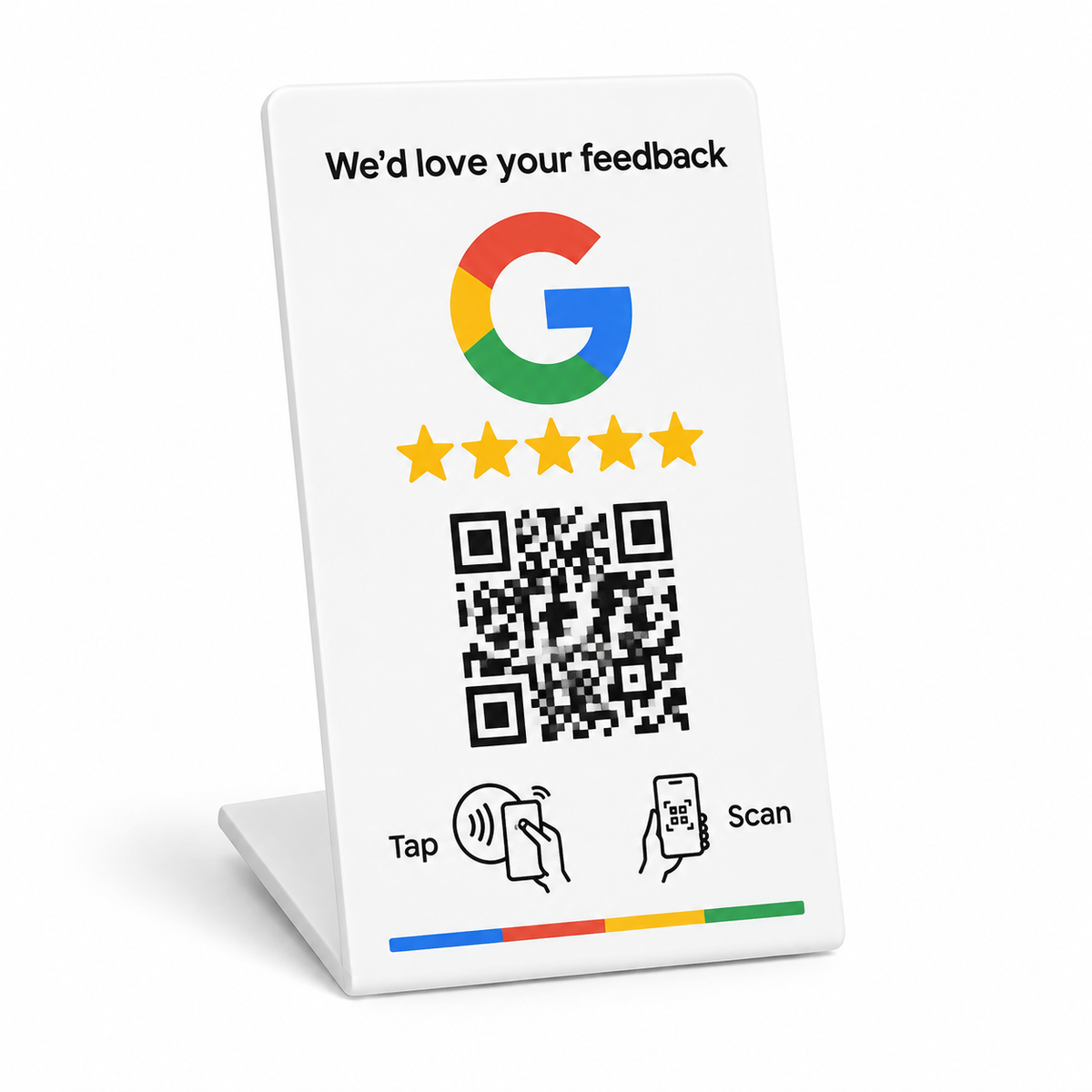 Expositor pequeño blanco NFC y QR para reseñas de Google en inglés, diseño 2