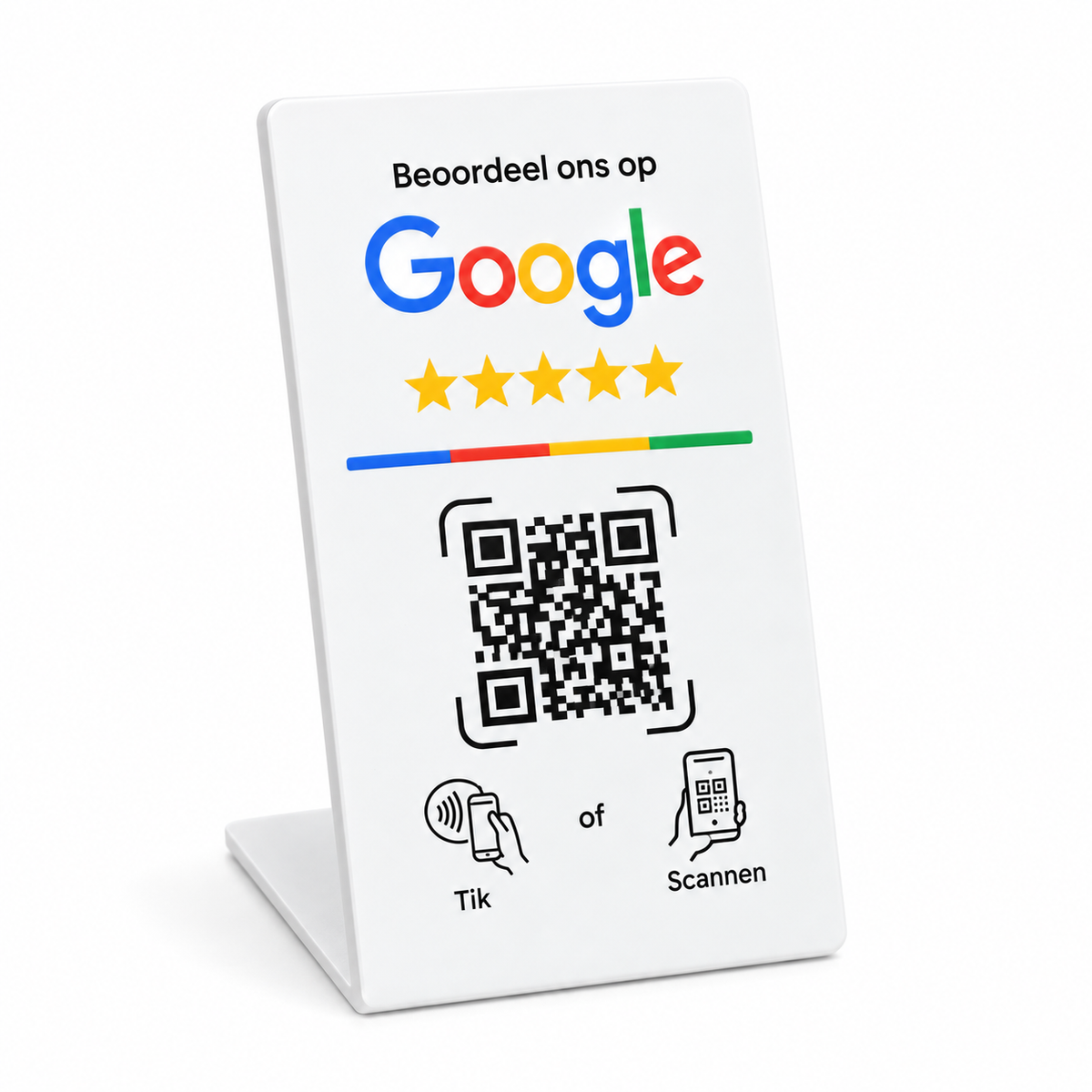 Expositor pequeño blanco NFC y QR para reseñas de Google en neerlandés, diseño 1