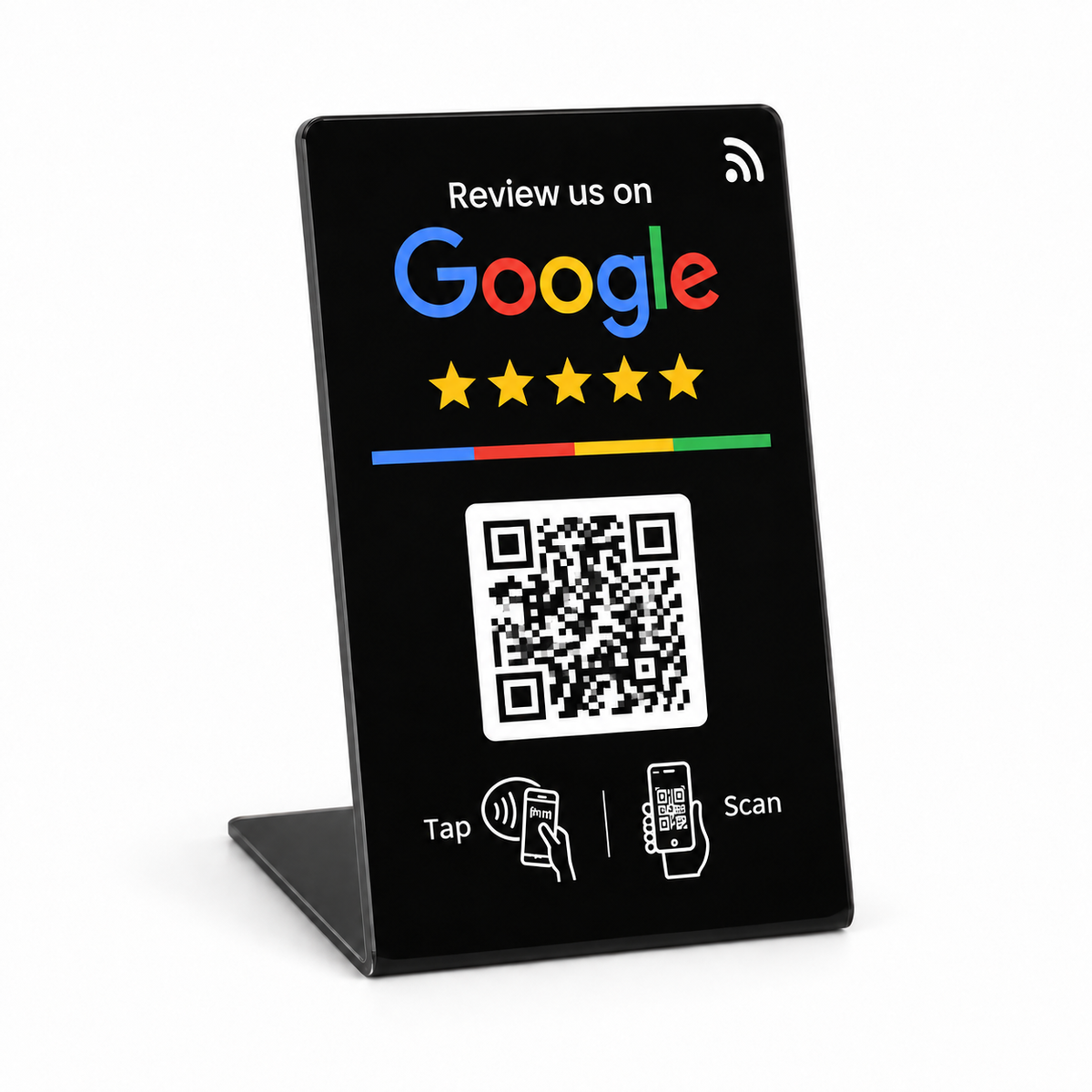 Expositor pequeño negro NFC y QR para reseñas de Google con texto en inglés, diseño 1