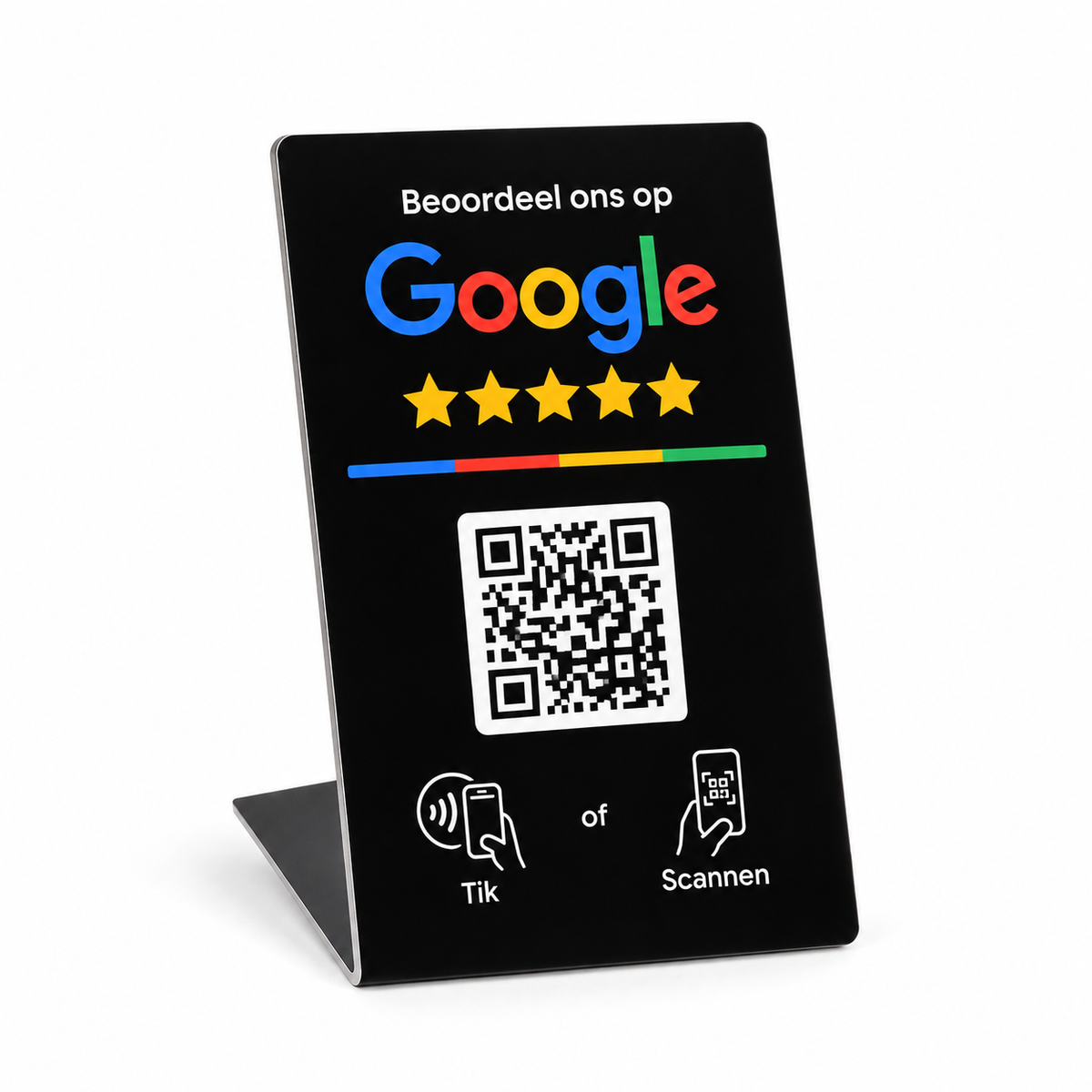 Expositor pequeño negro NFC y QR para reseñas de Google en neerlandés, diseño 1