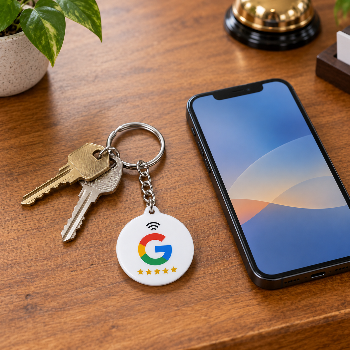 Llavero NFC Google blanco completo con unas llaves y un móvil sobre el mostrador