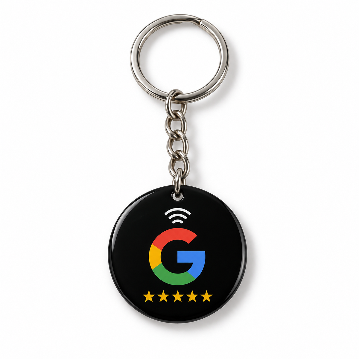 Llavero NFC Google negro, vista frontal con anilla y cadena