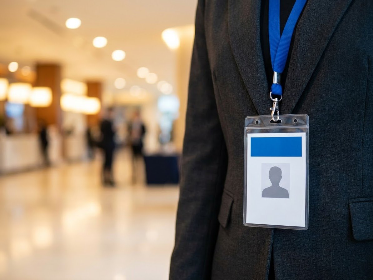 Acreditación con foto en portatarjetas y lanyard azul en un congreso