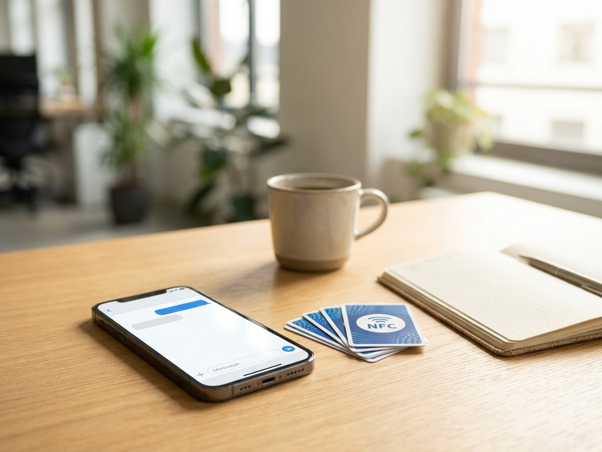 Móvil con un chat abierto junto a tarjetas NFC personalizadas sobre una mesa