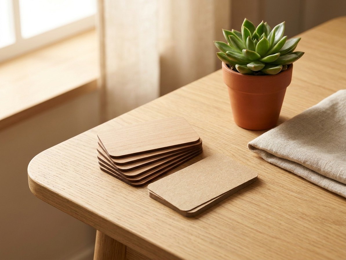 Tarjetas ecológicas de madera y cartón reciclado sobre una mesa de roble