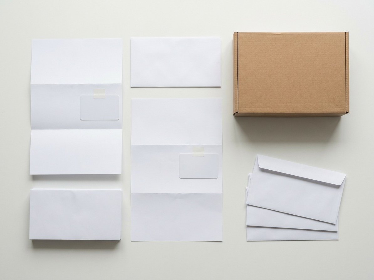 Cartas con tarjetas pegadas, sobres y caja de envío preparados para un mailing