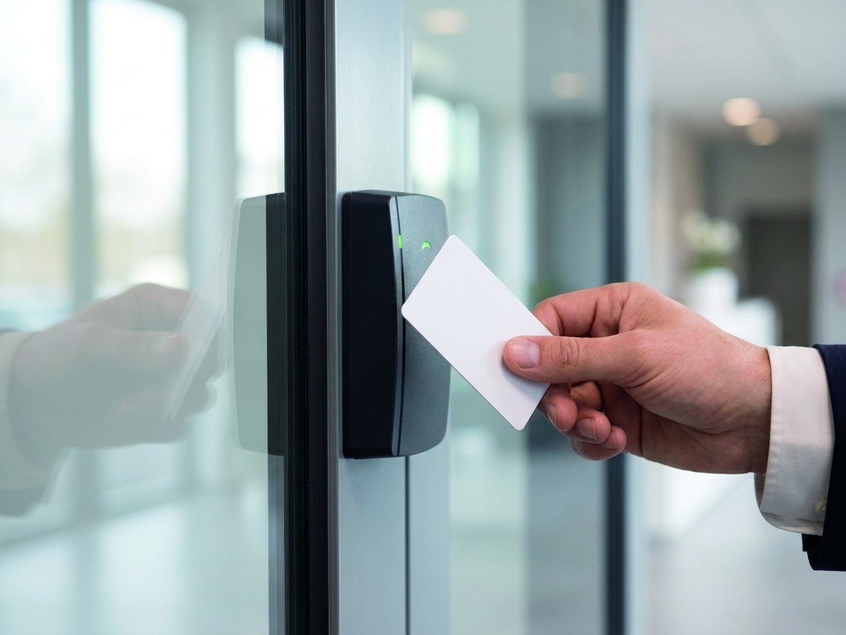 Tarjeta de proximidad RFID acercada a un lector de control de acceso en una puerta de oficina