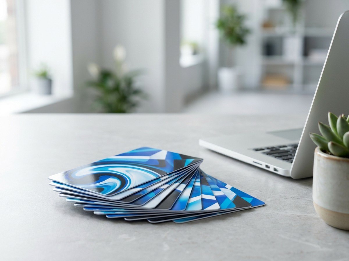 Tarjetas de PVC personalizadas impresas a todo color sobre una mesa de oficina