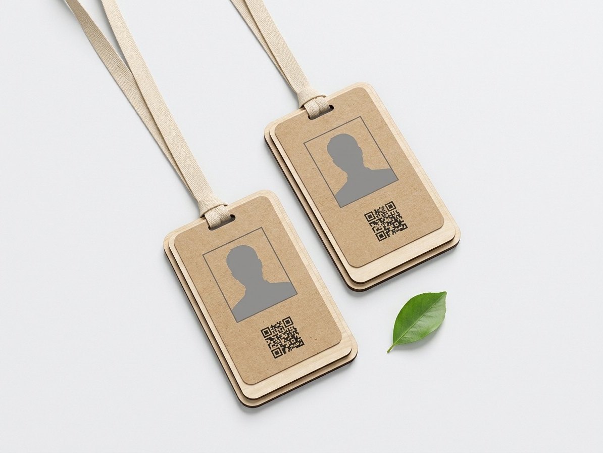 Acreditaciones ecológicas de cartón kraft y madera con foto, código QR y lanyard de algodón