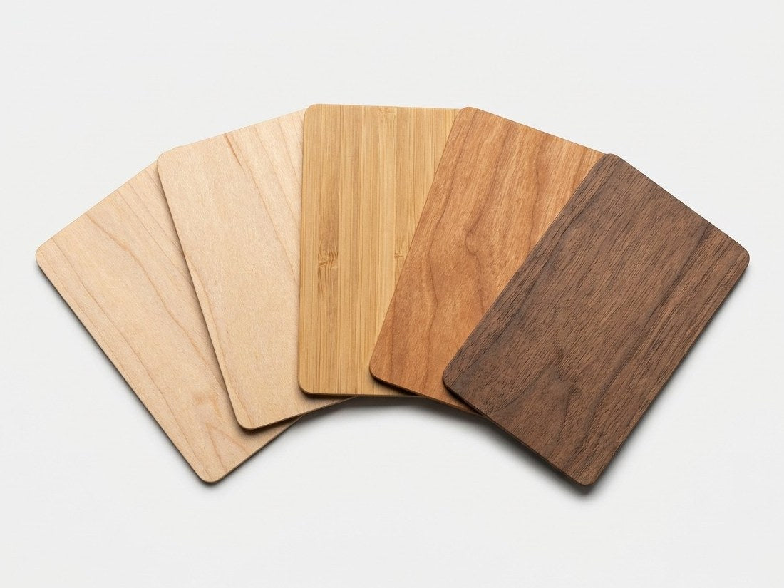 Tarjetas de madera de arce, abedul, bambú, cerezo y nogal
