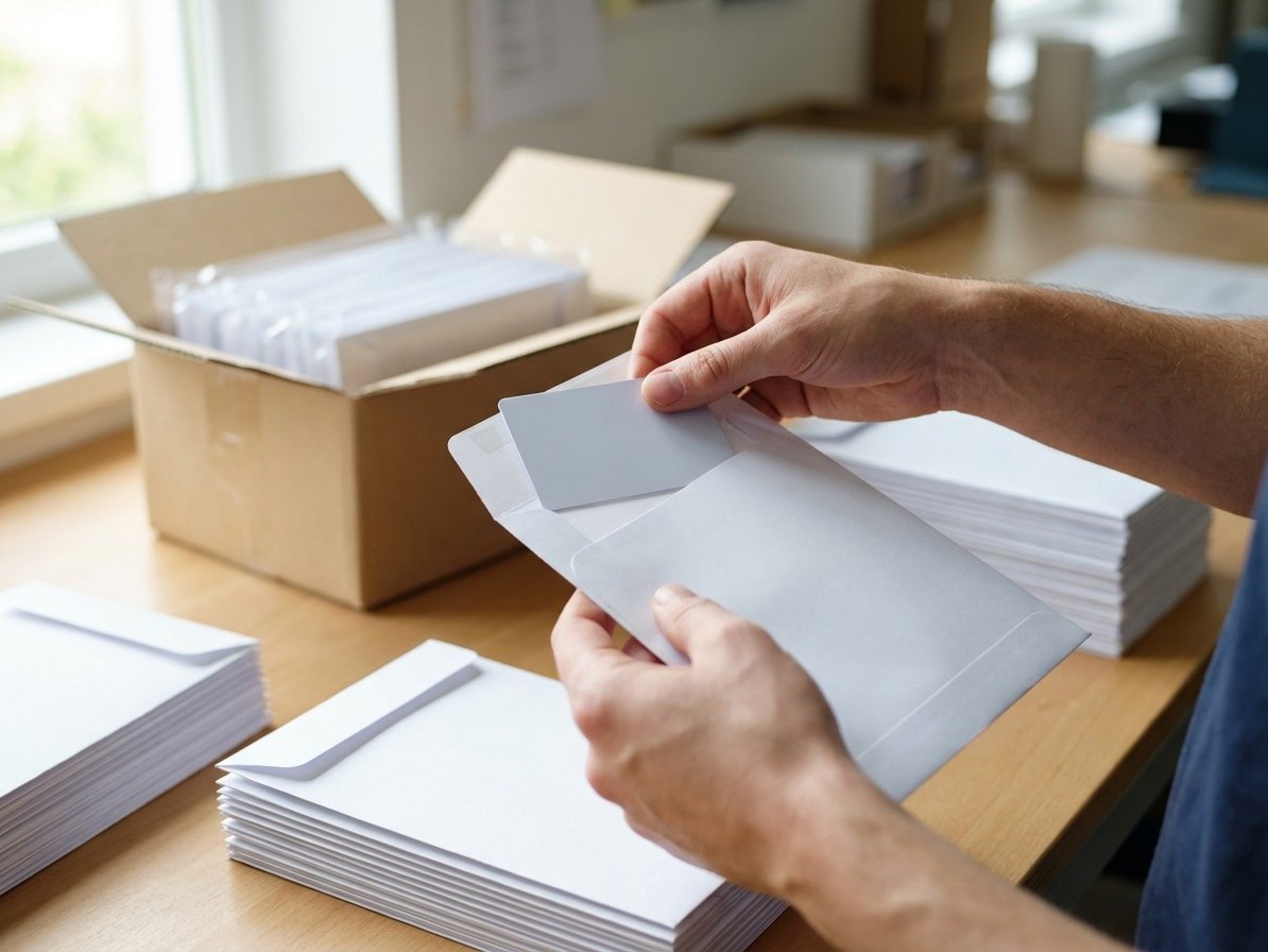 Ensobrado manual de tarjetas en un taller con sobres y caja de envío