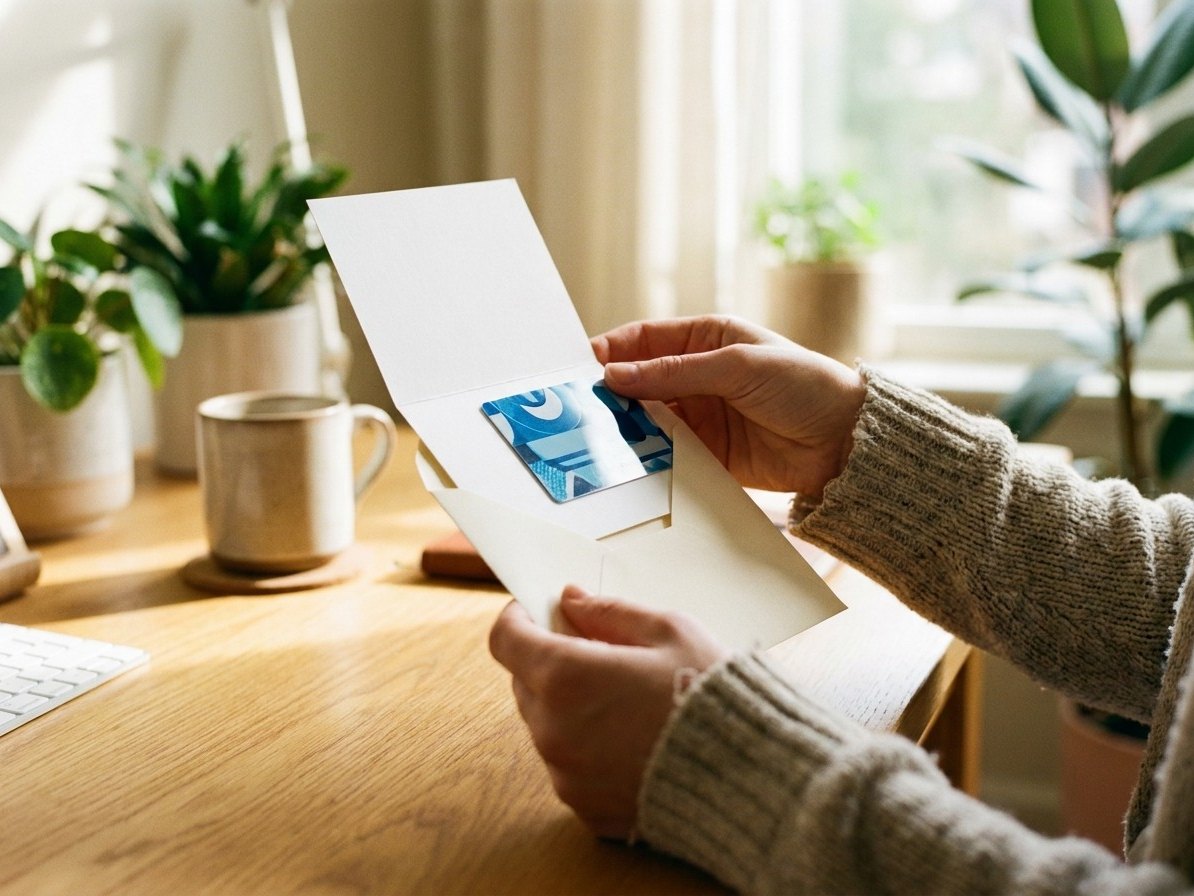 Persona abriendo un sobre con una carta y una tarjeta regalo de plástico pegada