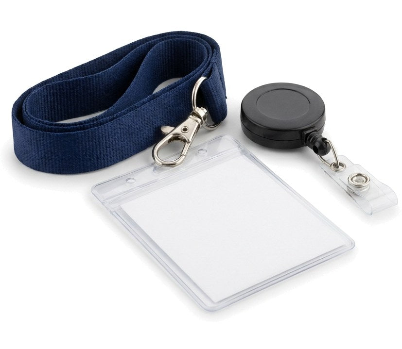 Lanyard azul marino, portatarjetas transparente y enrollador retráctil