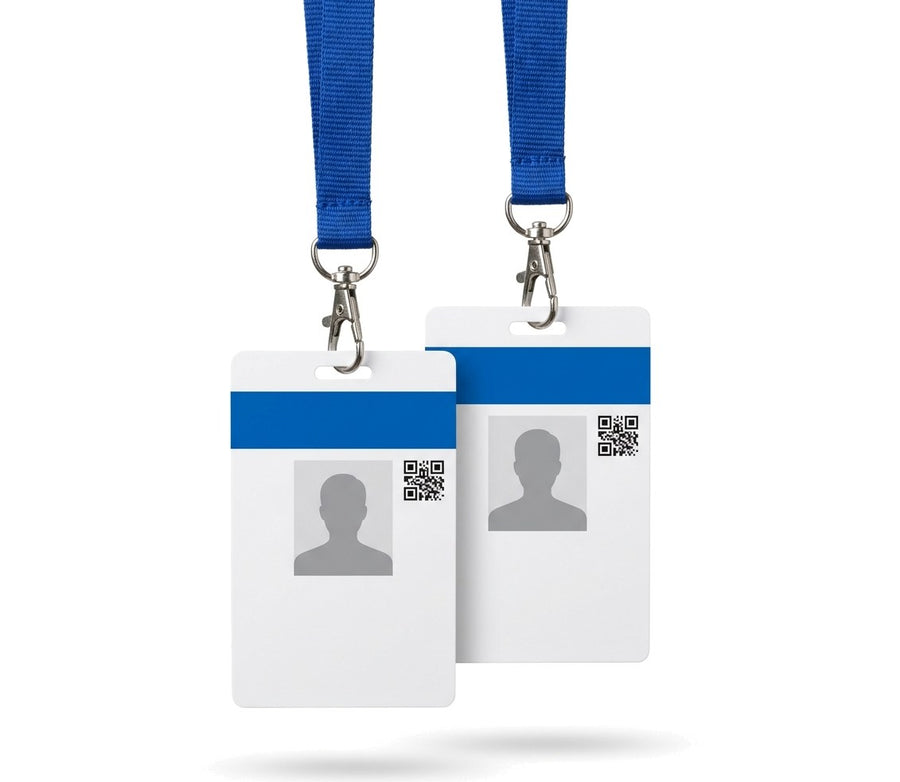 Acreditaciones para eventos con foto, código QR y lanyard azul