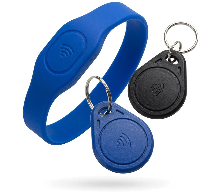 Pulsera RFID de silicona azul y llaveros RFID negro y azul