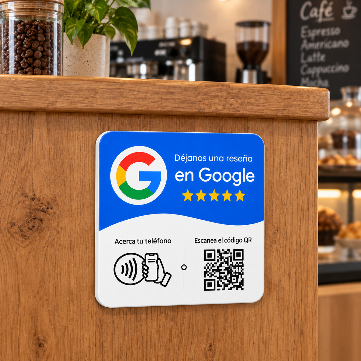Placa cuadrada NFC Google azul y blanca en español, completa y colocada en un mostrador
