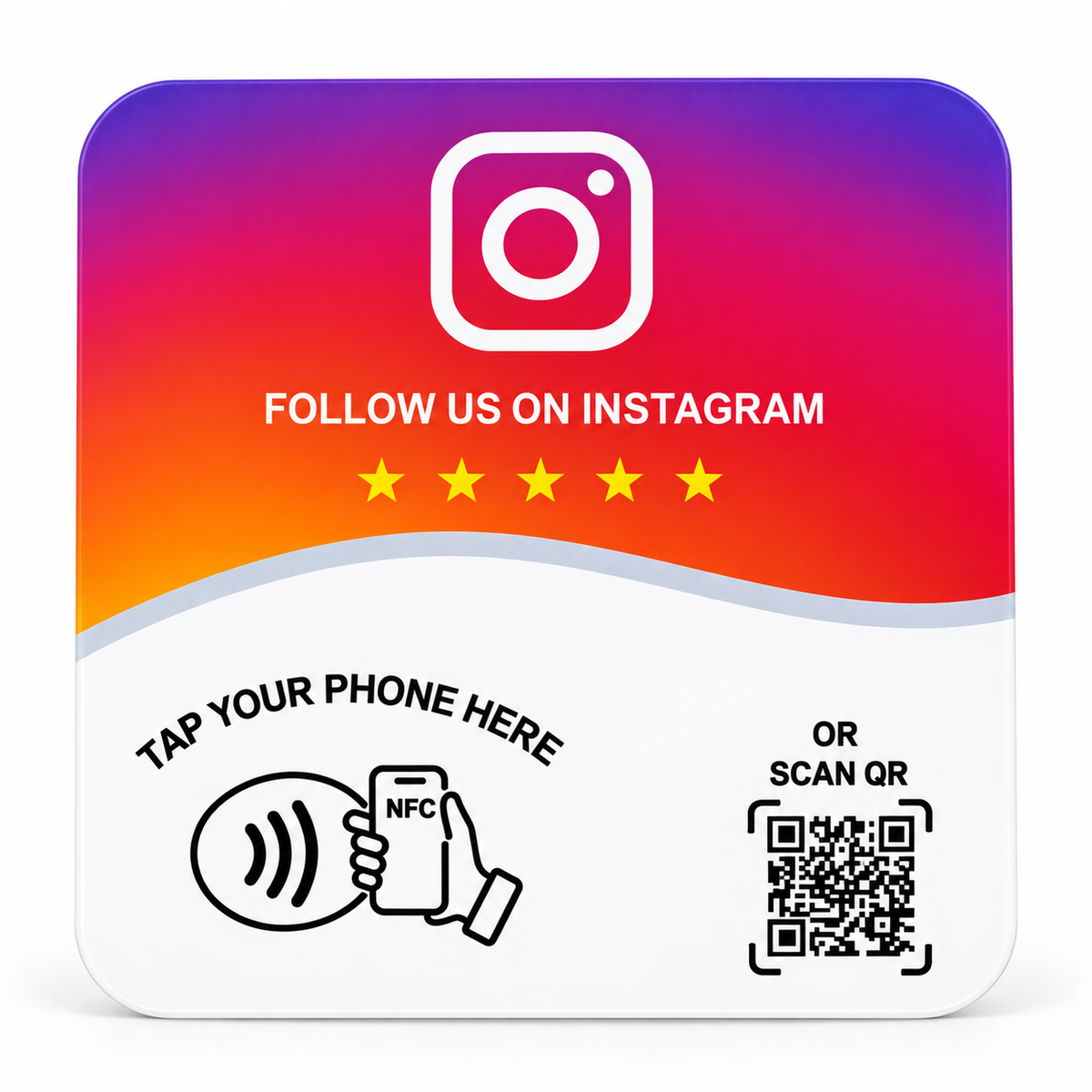 Placa cuadrada NFC y QR Instagram con degradado violeta, rojo y naranja y texto en inglés