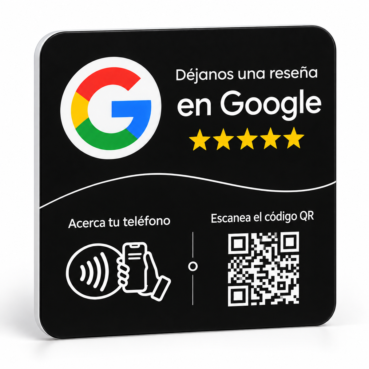 Placa cuadrada NFC y QR para reseñas de Google negra con texto en español
